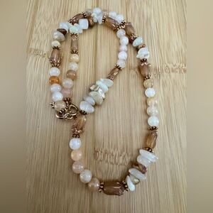 Agate and Czech Glass Flower Beaded Necklace in Cream and Brown